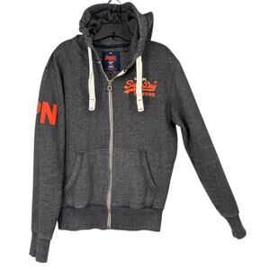 Superdry Vintage Full Zip Hoodie Mens Large Heathered Gray Orange Spellout